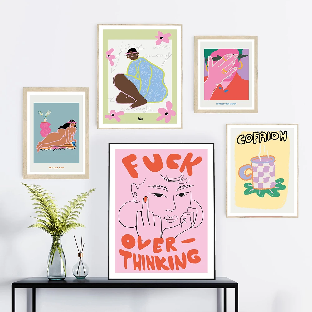 

Nordic Abstract Line Woman Canvas Painting Coffee Energy Poster Middle Finger Girl Wall Art Print Pictures Modern Bedroom Decor