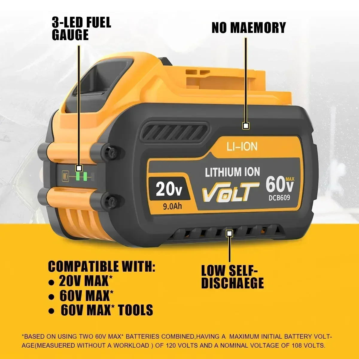 Фото RT GO для Dewalt FLEXVOLT 20 В/60 В MAX аккумулятор 9 Ач DCB609 литий-ионный DCB606 DCB612 DCB609 DCB205 DCB200 DCB182 Batería для Dewal №2