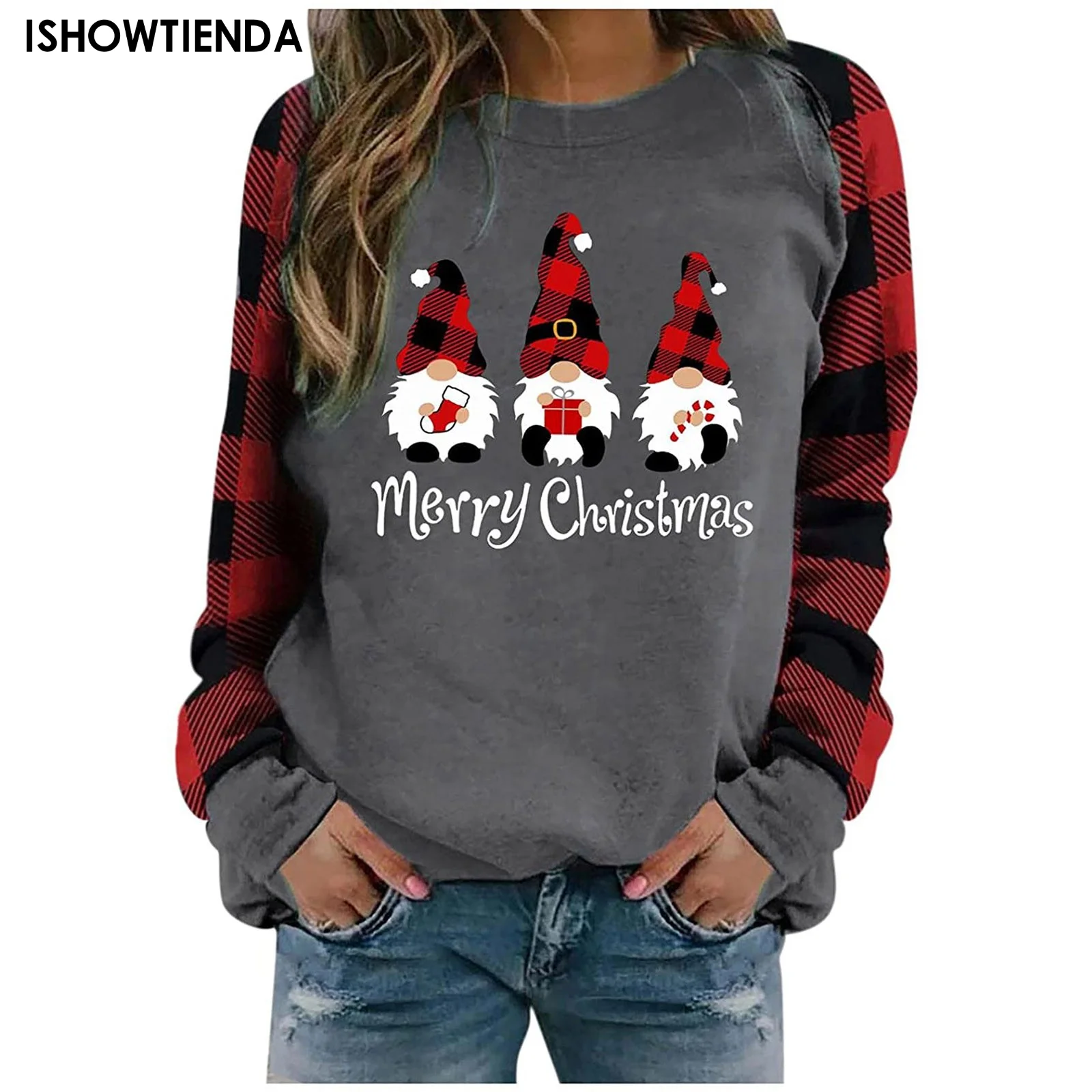 

Женская футболка с рождественским принтом, осенне-зимняя повседневная элегантная свободная футболка с круглым вырезом в стиле ретро, яркий Повседневный пуловер, блузка, Новинка