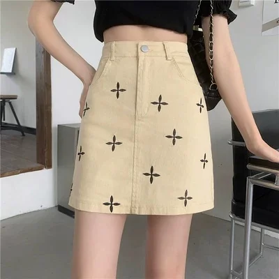 

Korean Fashion Embroidered Denim Cotton Skirt High Waist Slim A-Line Skirt