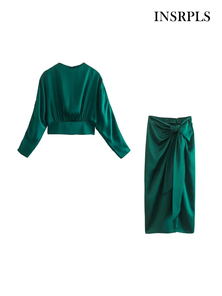 

INSRPLS Women Fashion Open Back Satin Crop Blouses And High Waist With Knotted Midi Skirt Female Two Piece Sets Mujer