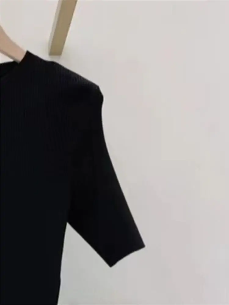 Women Black Waist Hollow Out Knit Dress Spring Summer 2023 Temperament Elegant Slim Short Sleeve O-Neck Mini Robe for Lady