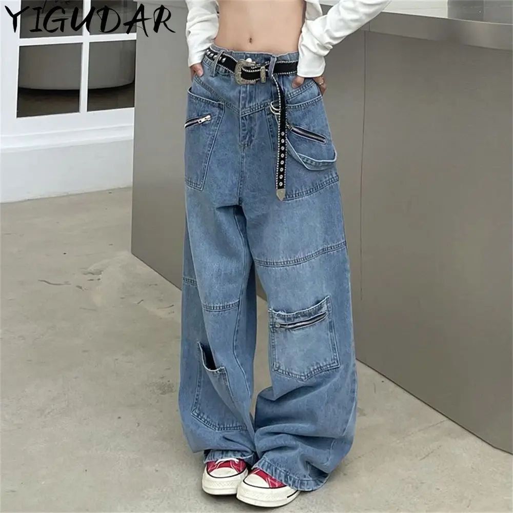 

Женский Летний комбинезон 2023, модные повседневные джинсы в стиле High Street с высокой талией, свободные прямые широкие брюки-карго, стройнящие длинные брюки