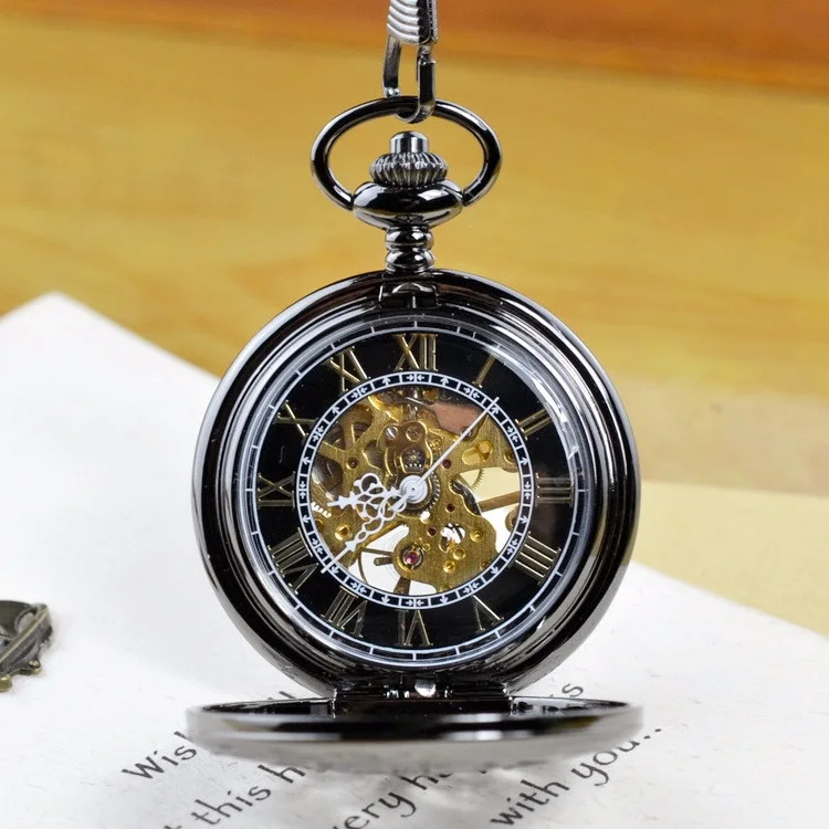 Luxury Mechanical Black Pocket Watch for Men Women Hollow Skeleton Dial Roman Dial Fob Chain Pendant Clock for Collection Gift