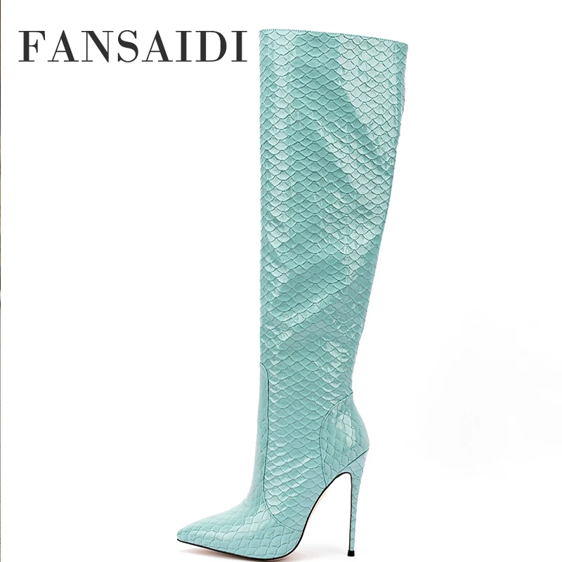 

Женские сапоги на шпильке FANSAIDI, синие сапоги до колена с острым носком, элегантные сапоги большого размера 44, 45, 46, 47, для зимы, 2022