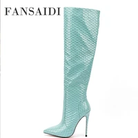 fansaidi 2022fashion stilettos heels knee high boots blue female boots winter sexy elegant new pointed toe big size 44 45 46 47