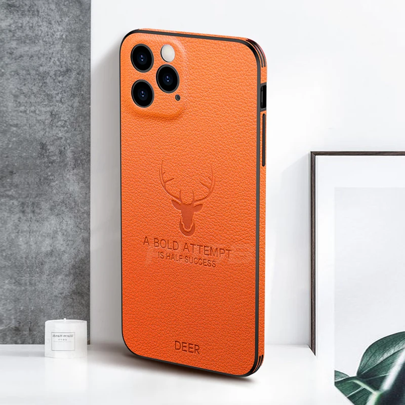 Luxury Leather Texture Square Frame Deer Case For iPhone 11 12 13 14 Pro Max Plus Mini X XR XS Silicone Bumper Shockproof Cover