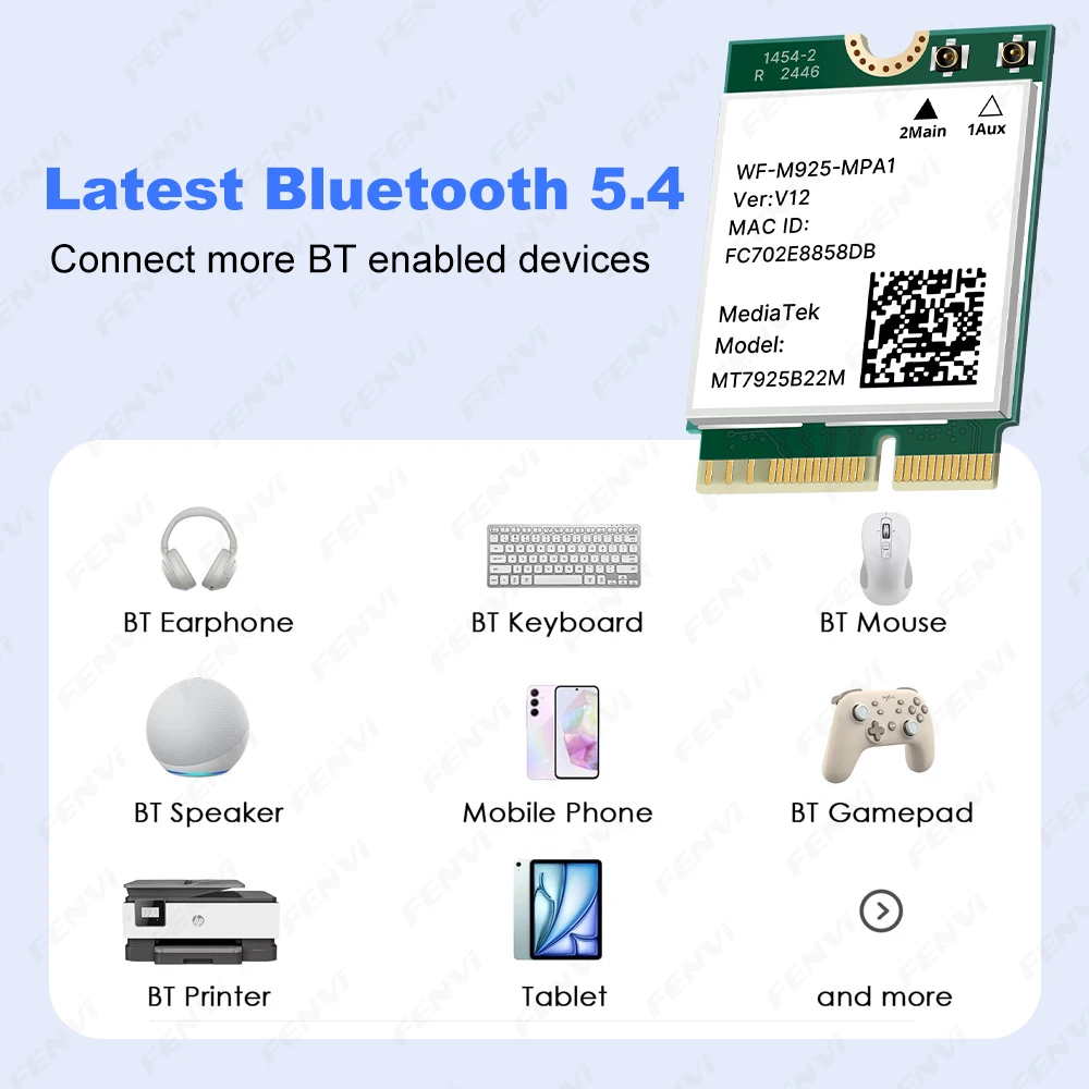 Фото Сетевая карта WiFi 7 MT7925 BE6500, трехдиапазонная, 2,4G/5G/6 ГГц, Bluetooth 5.4, 802.11BE, беспроводной адаптер M.2 NGFF для ПК AMD, Win 10/11 №4