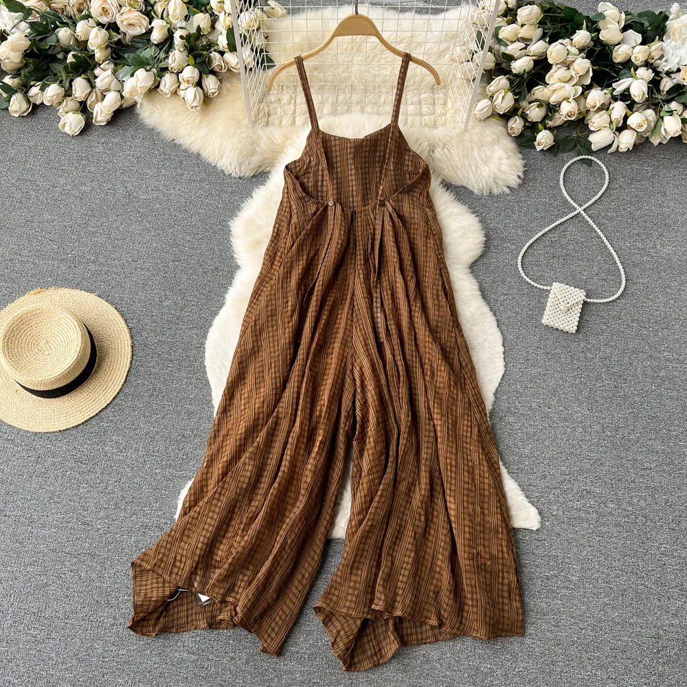 Clothland Women Chic Print Coffee Jumpsuit Sleeveless Backless Zipper Adjustable Straps Overall Susupender Trousers KA288