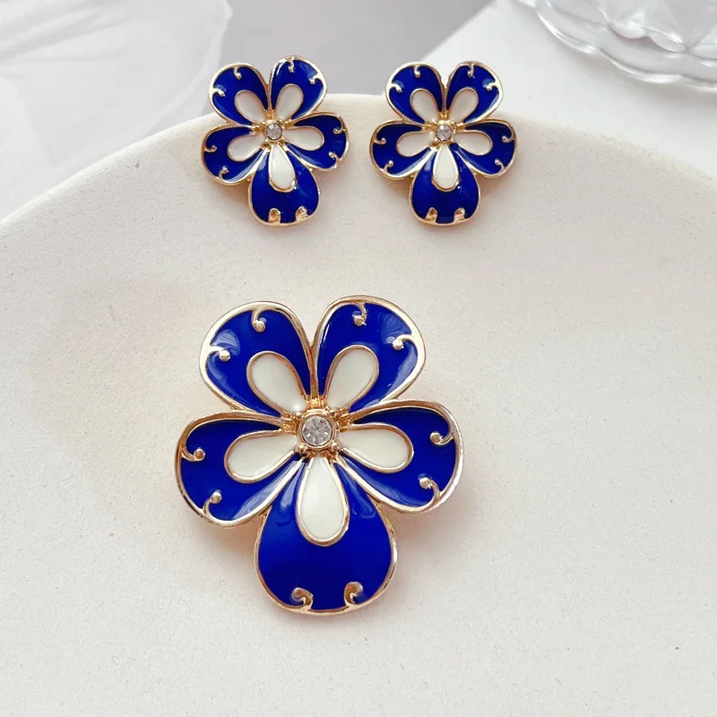 

New French vintage court blue flower enamel earrings elegant oil painting jewelry for women