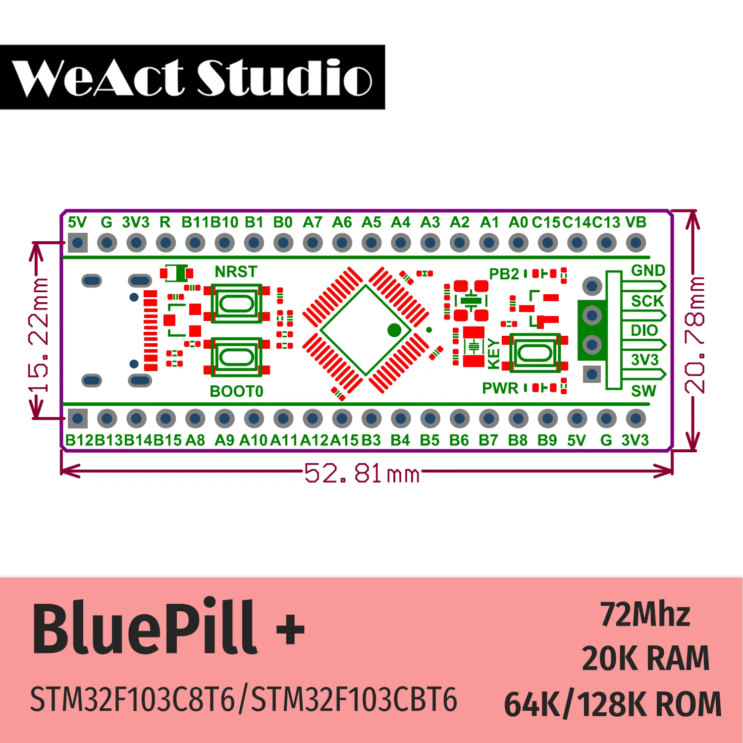 Плата макетная WeAct STM32F103C8T6 STM32F103CBT6 STM32F103 STM32F1 Bluepill Plus ARM STM32