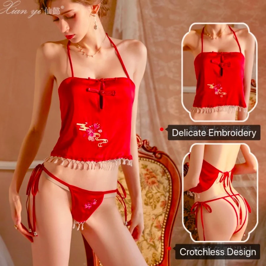 

Best Lover Gift Sexy Lingerie Feminine Satin Retro Embroidery Bellyband Top Temptation Panties Chinese Style Crotchless Erotic
