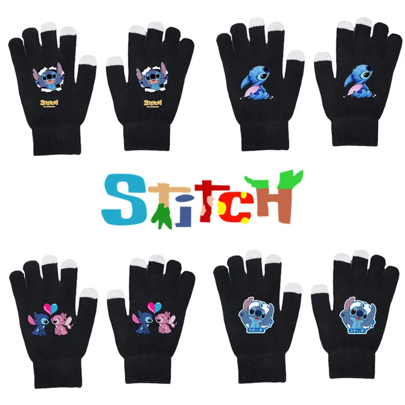 

2023 Stitch Gloves Fall/Winter Warm Touch Screen Disney Print Lilo & Stitch Black Knit Gloves for Children Adult Birthday Gift