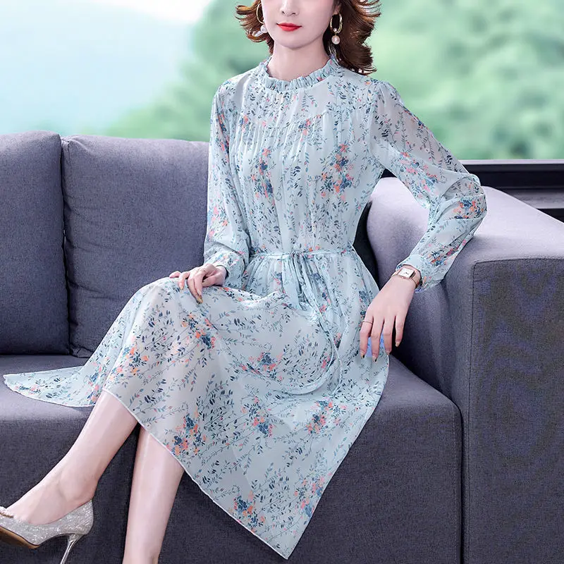 

Spring Summer Floral Print Dress Women Clothing Elegant Long Sleeve Dresses High Quality Chiffon Dress Casual Vestidos Robe E228