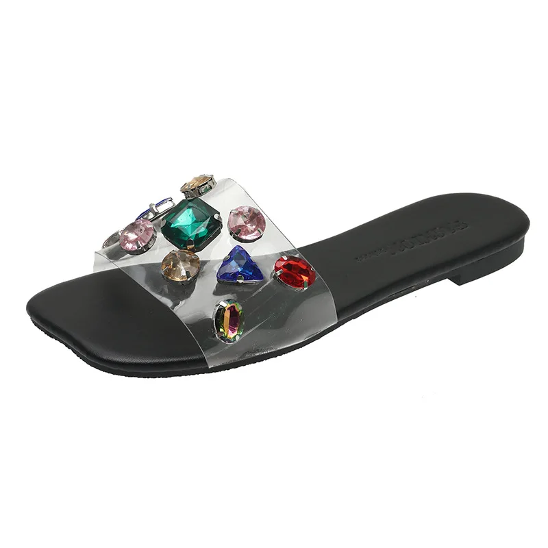 Large size women's flat bottom sandals 2022 summer new outer wear rhinestone square root slipper