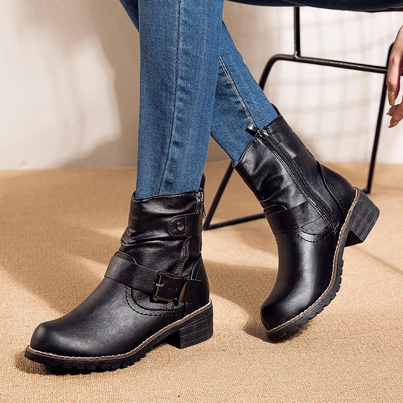 

New Women Motorcycle Boots Autumn Winter Fashion Platform Boots Woman Classics Retro Boots Casual Shoes Ladies Plus Size Shoes