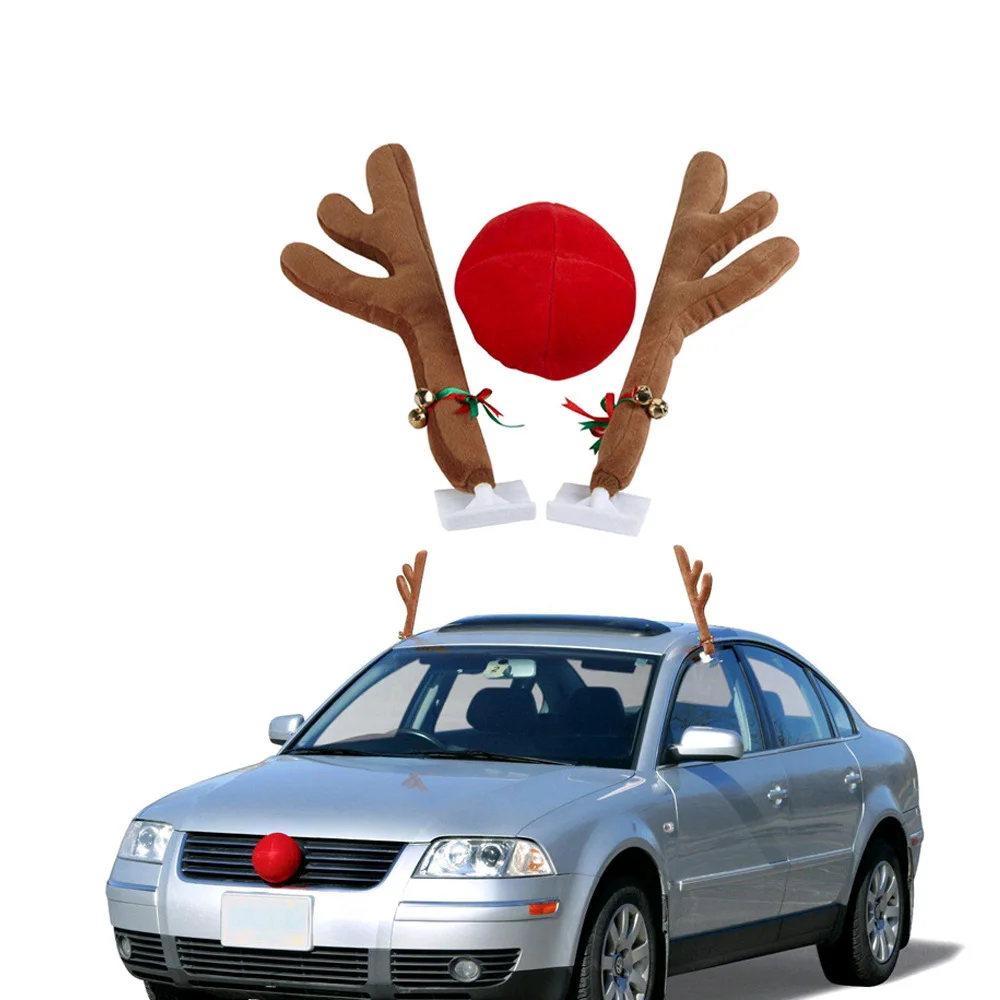 

2022 Large Reindeer Christmas Decor Car Vehicle Nose Horn Costume Set Christmas Reindeer Antlers Red Nose Ornaments Elk Antler