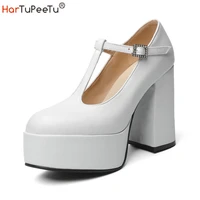 new pumps women shoes size 43 black white high heels chunky round toe pu leather comfortable concise platform shoes