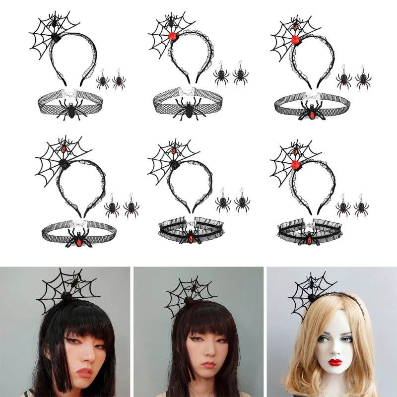 

Cosplay Spiderweb Shape Hair Hoop Dangle Earring and Choker Punk Girls Funny Costume Novelty for Halloween Party