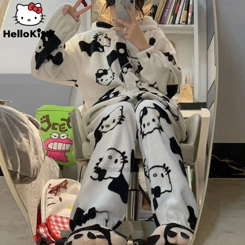 

Sanrio Fashion Warm Pajamas Set Women Winter Thickened New Plush Home Clothes Suits Y2k Girl Hooded Nightgown Soft New Clothing
