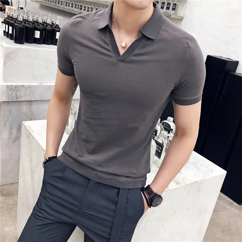 

Summer Fashion British Pure Color V-collar Short Sleeve POLO Shirt Slim Men's T-shirt Europethe United States Simple Men's Wear