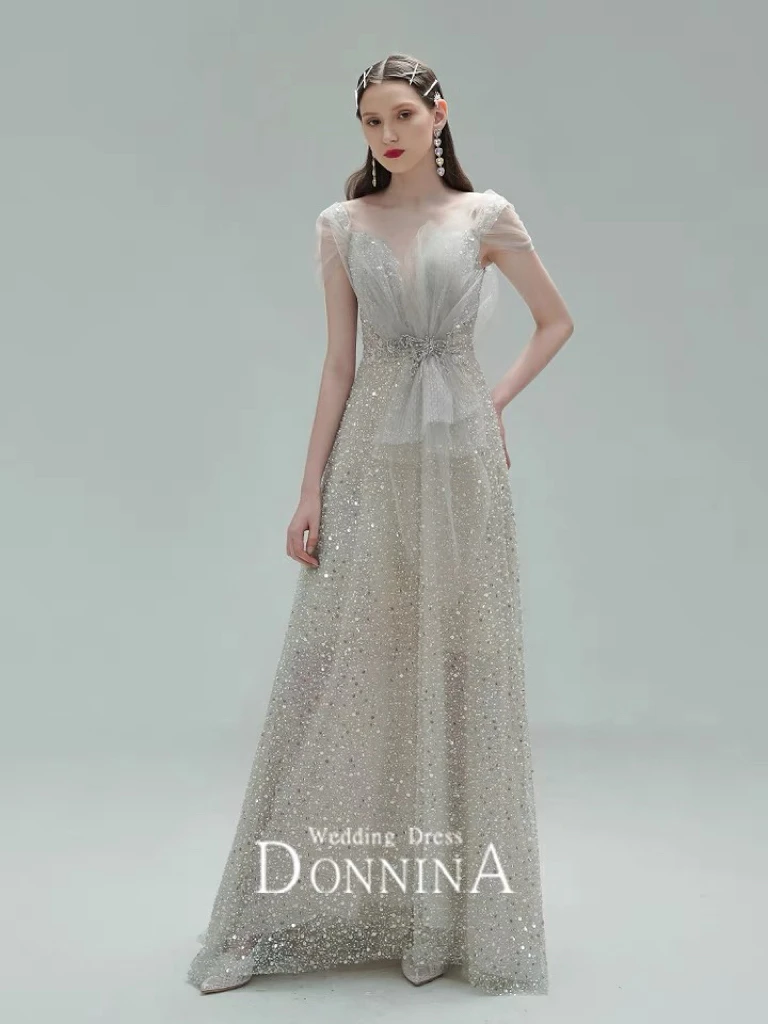 

Silver Prom Dresses Sequined Beading A Line Cap Sleeve Ribbon Pleated Crystal Luxury Formal Bridal Toast Clothing Evening Gown