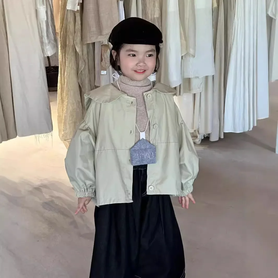 Свободное пальто для девочек Новинка осени 2024 топы с откидным воротником и лесом