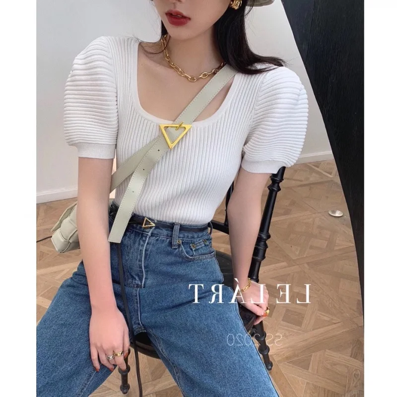 

Solid Color Lantern Sleeve Knit Short Sleeve T-Shirt Top Women