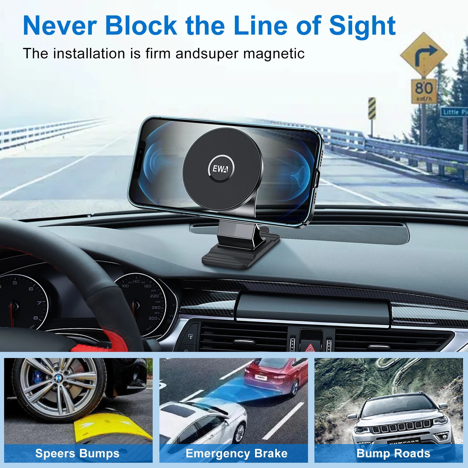 EWA Magnetic Dashboard Car Mount Fit for MagSafe Case iPhone 14 13 12 Pro Max Mini Plus  Magnet Magnetic Car Mount for All Phone