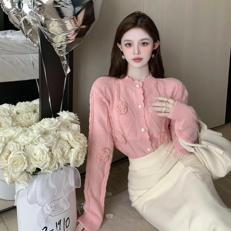 

Женский кардиган с цветочным принтом, весенний кавайный вязаный кардиган для студентов, Повседневная шикарная приталенная одежда, милый же...