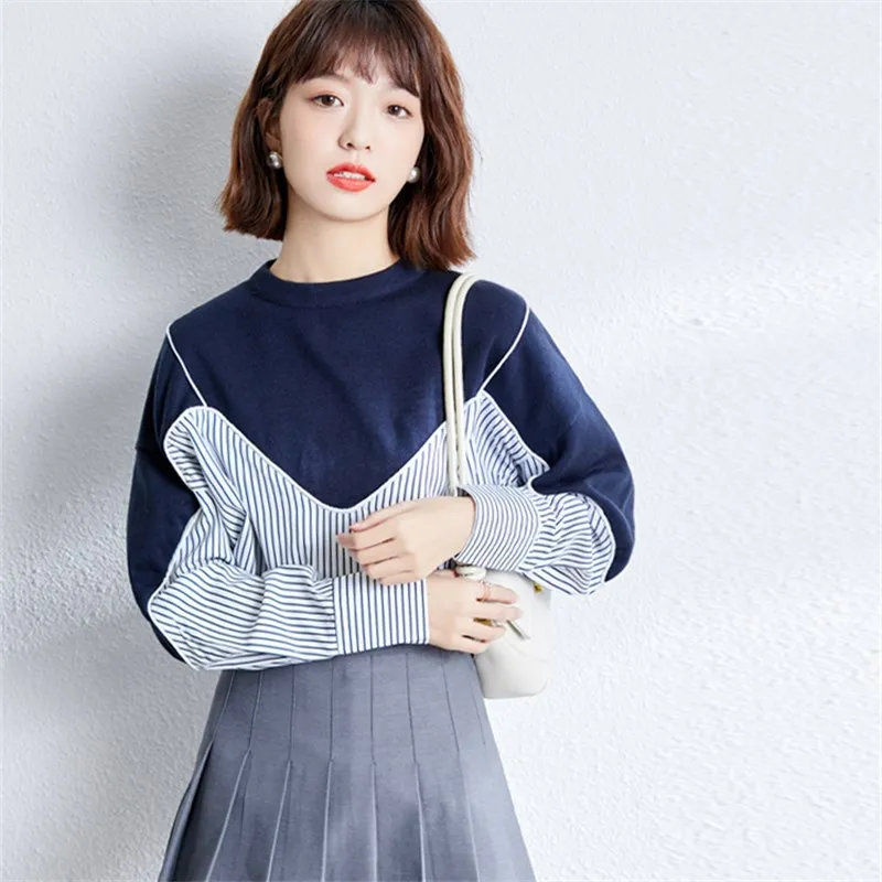 

Women Tops 2022 Autumn Fake Two Piece Spliced Stripe Long Sleeve O-neck Pullover Hoodie Loose Korean Casual Sweatshirt A1091