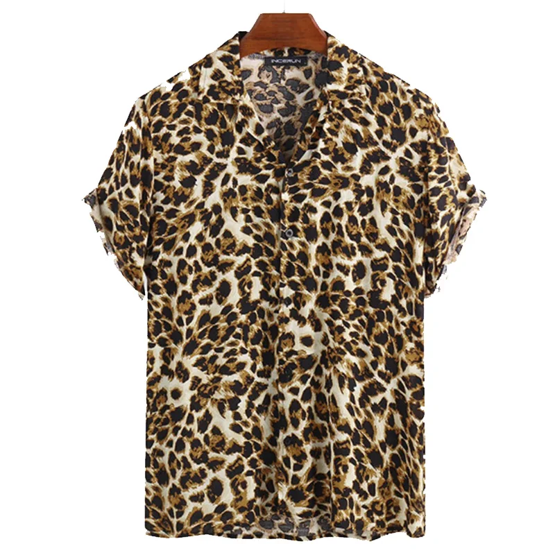 New Leopard Print Men's Shirts Tops Summer Short Sleeve Turn-down Collar Single Breasted Hawaiian Shirt Mens Camisas
