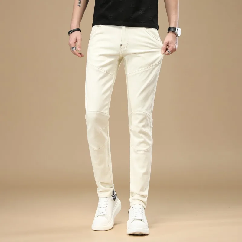 Summer Jeans Men Lightweight Beige Slim Fit Pencil Pants Fashion Korean Style Casual Denim Trousers