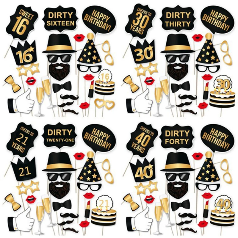 

Photography Props 34pcs/lot Happy Birthday Funny Photo Booth Props 20 30 40th Anniversary Birthday Decoration Party Supplies