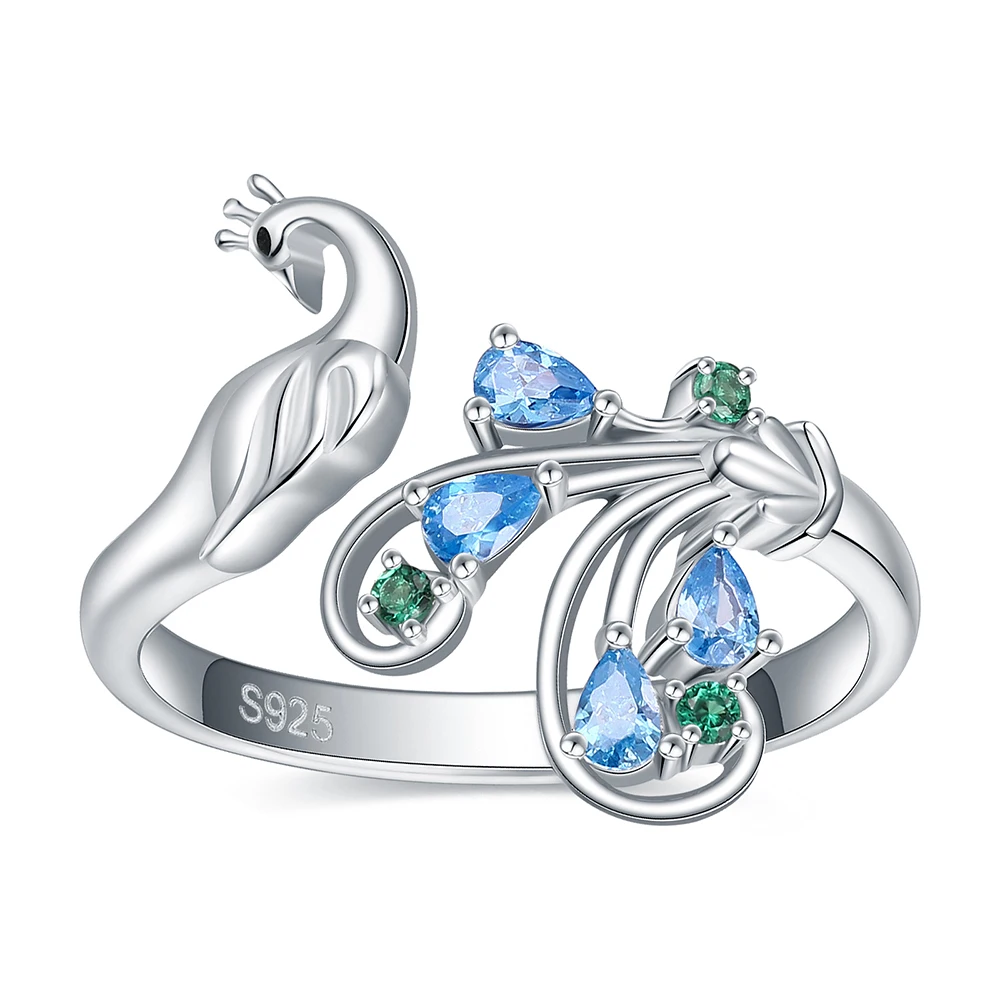 

925 Sterling Silver Adjustable Peacock Rings Cute Animal Zircon Jewelry Christmas Birthday Gifts for Women Daughter Teen Girls