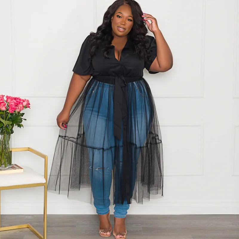 

2022 Summer New Women Black Dress Lapel Short Sleeved Stitching Mesh Dress African Clothing White Robe Vestido All-match Fashion