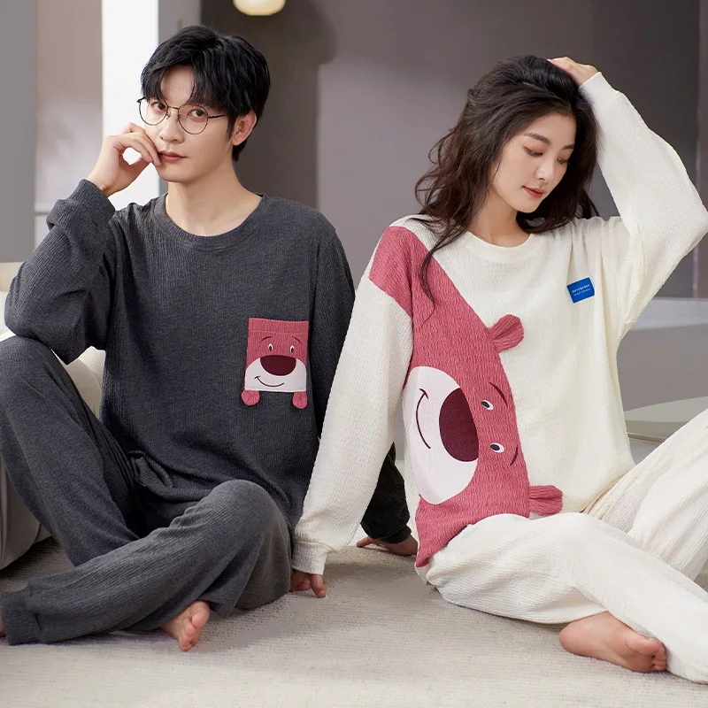 Spring Summer Couples Pajama Knitted Cotton Sleepwear Casual O Neck Loungewear Plaid Pijamas Pants Comfortable Pajamas for Men