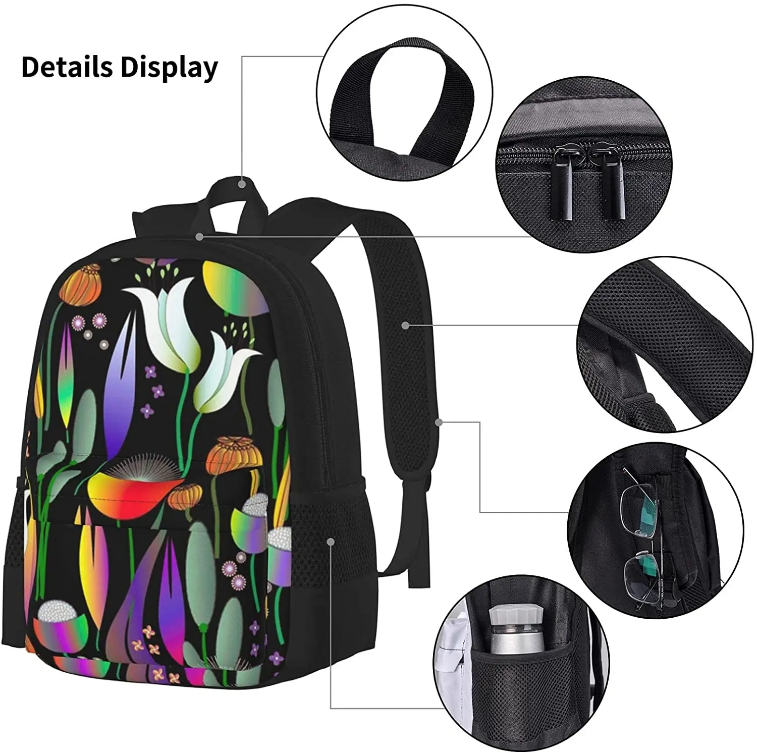 Bright Flowers On Black Backpack Set 3-Piece Teen Boys Girls Backpack Messenger Lunch Bag Pencil Case Set