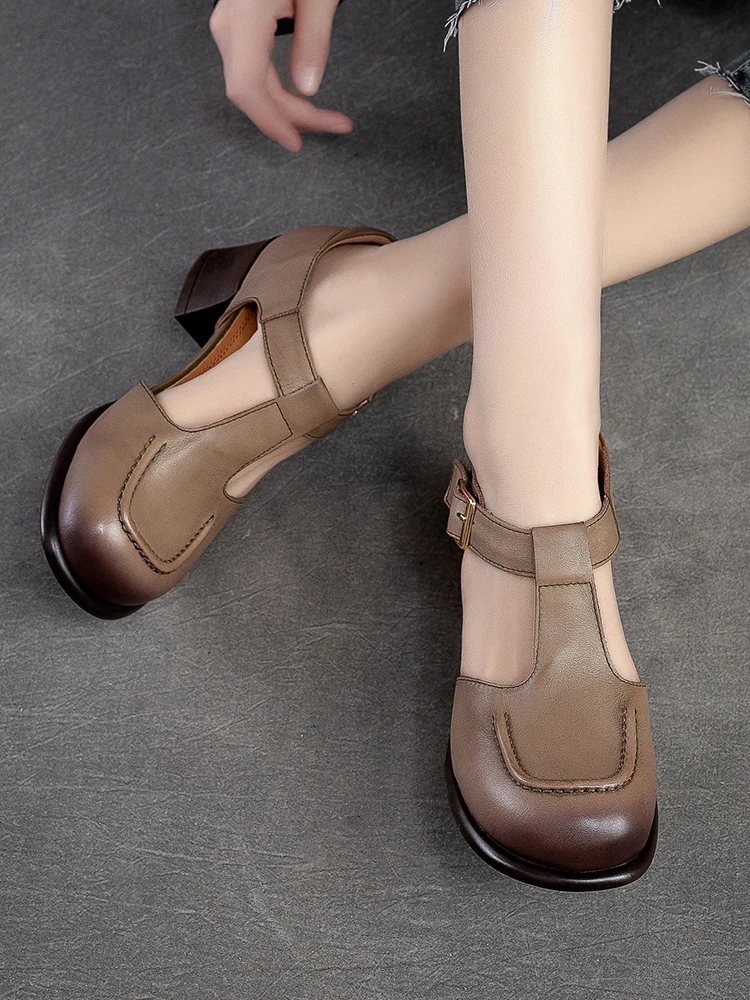 Beffery Genuine Leather Mary Jane Women's Heel Shoes Retro Handmade block heel Women T-shape Sandals