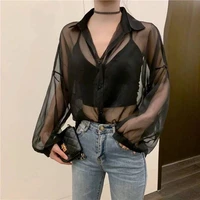 sexy fishnet transparent black mesh tops see through solid puff sleeve top new summer club party sexy loose basic 2022 fashion