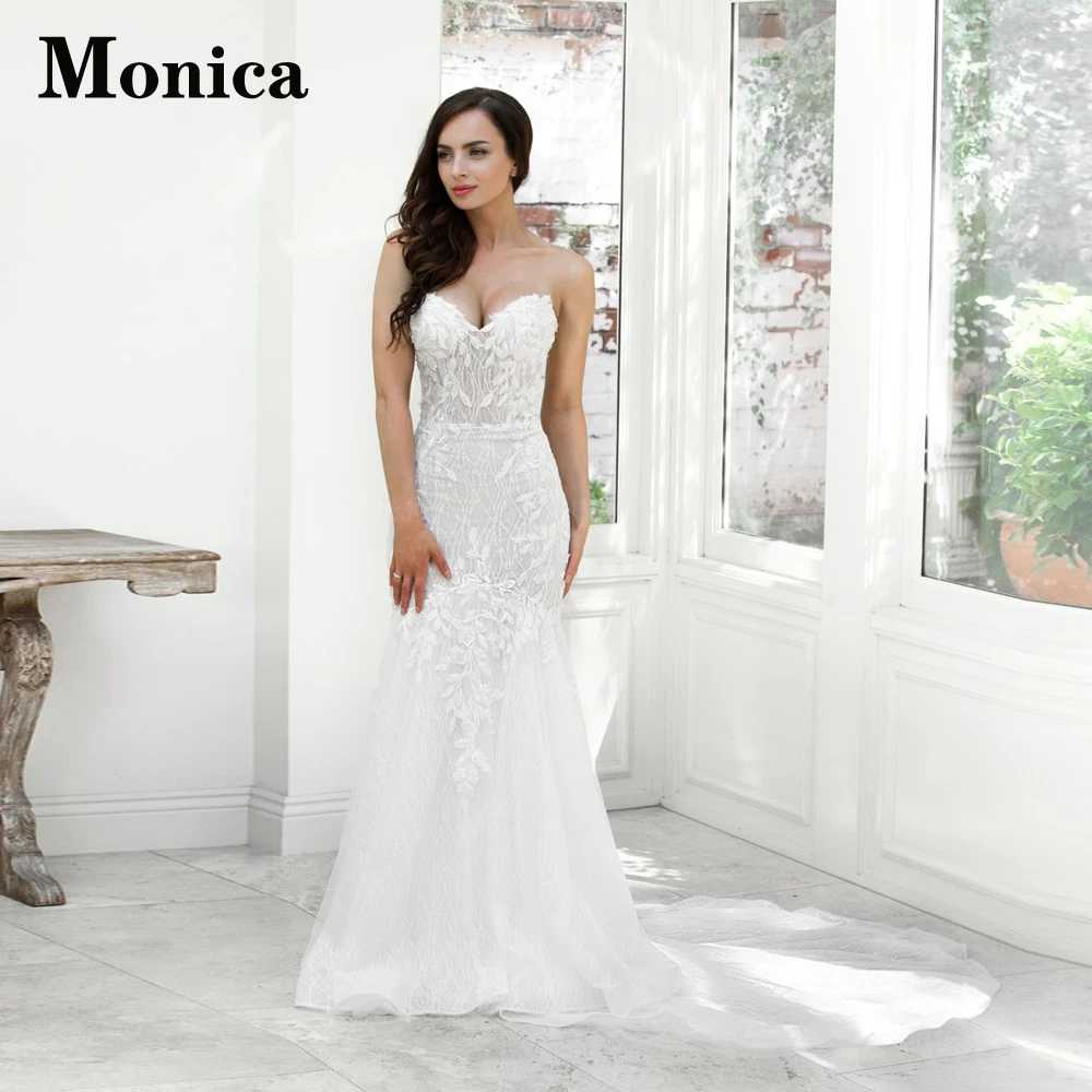 

MONICA Sweetheart Mermaid Wedding Dresses For Bride Charming Sleeveless Backless Lace Appliques Tulle Court Train Custom Made