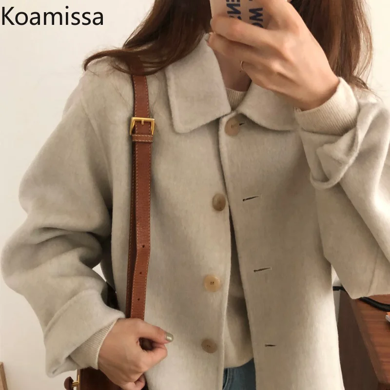

Koamissa Vintage Turn-down Collar Short Wool Jacket Women Long Sleeve Single-breasted Woolen Coat 2021 Fall Winter Warm Outwear