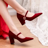 brides wedding shoes couples gift red burgundy high heels ladies med thick heeled mary jeans flock belt strap pumps femme