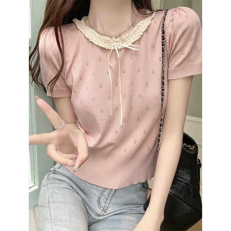 Женские кружевные топы GAODINGLAN с бантом и круглым вырезом летние женские