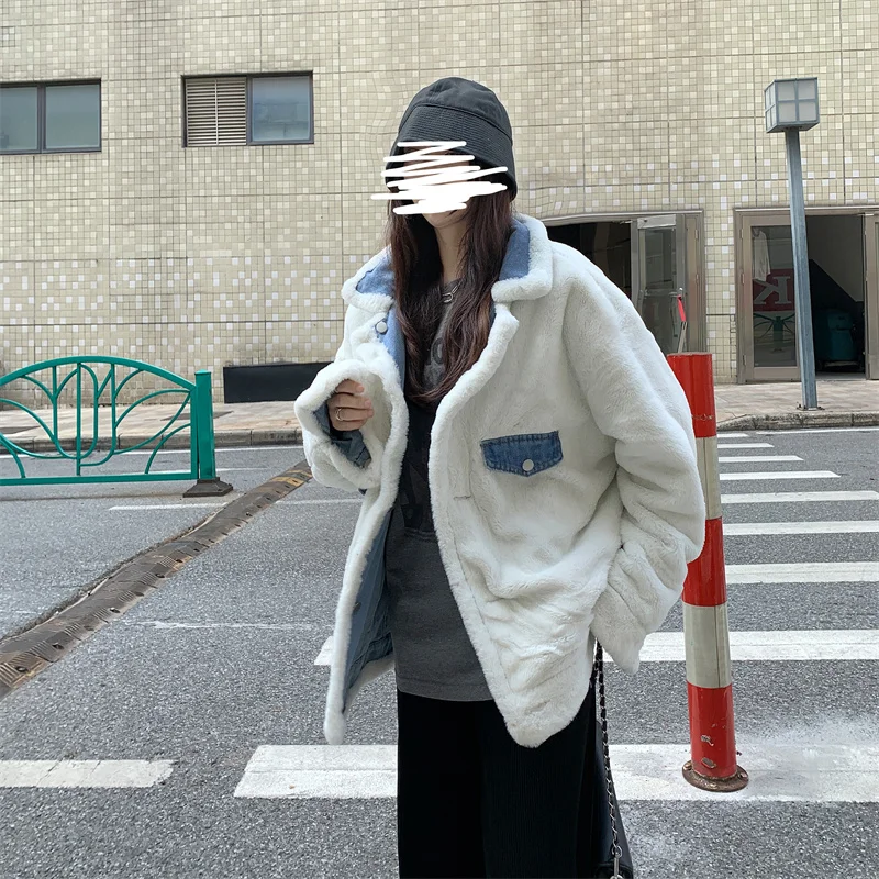 Retro Chic Both Sides Wear Leopard Denim Jacket Women Korean Winter Clothes Thickening Girl Wearing Rabbit Fur Temperament Coat