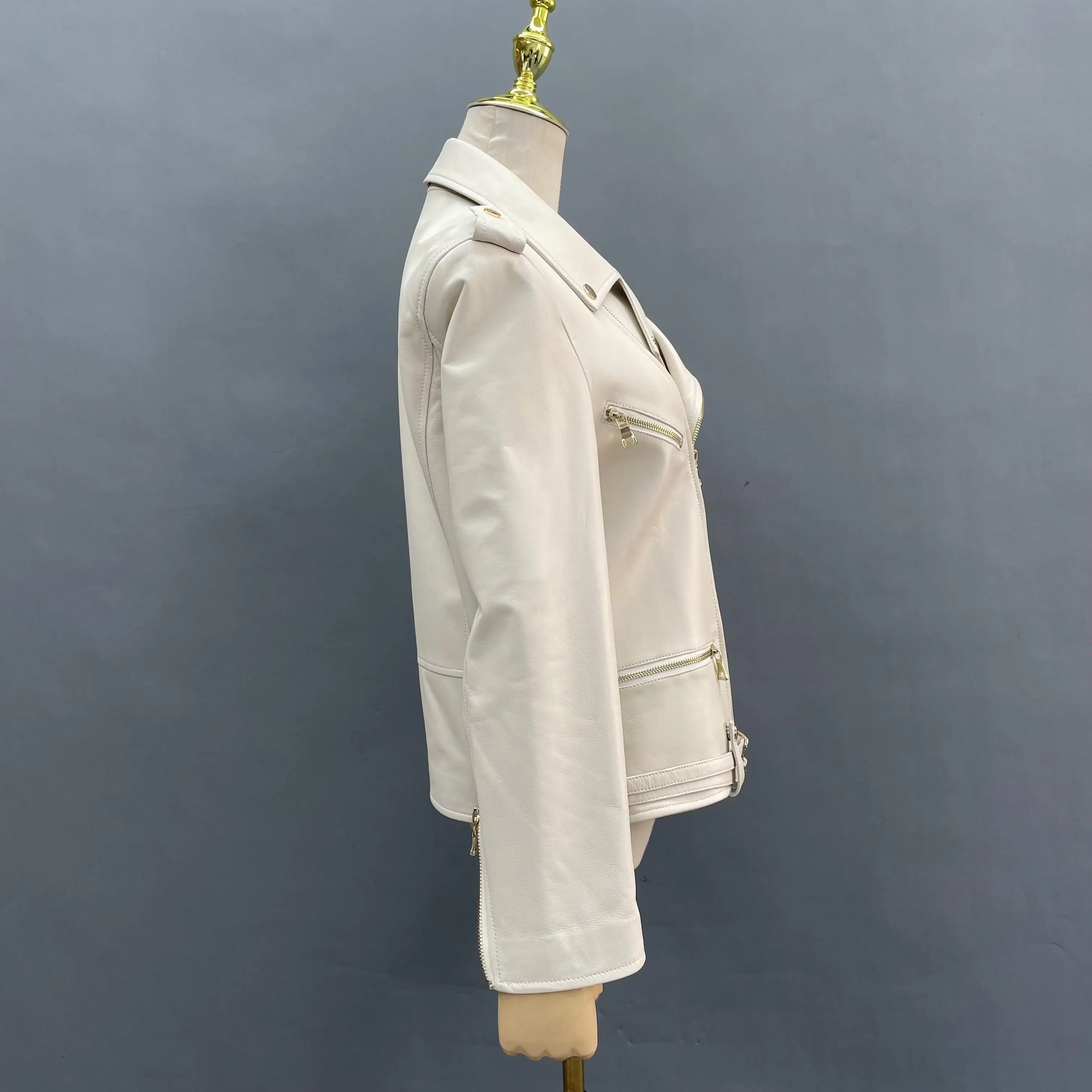 JANEFUR Genuine Leather Jacket Women 2023 New White Streetwear Fashion Moto Biker Zipper Real Sheepskin Coat