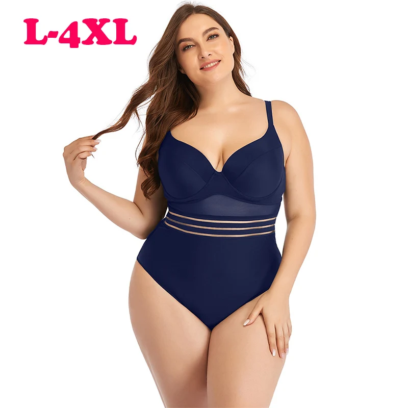 2022 Summer New American Style Large Swimsuit Women One-piece Fattening Mesh Hollow Plain Plus Big Size One-piece Bikini L-4XL