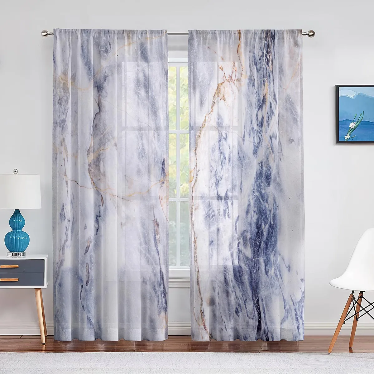 

Grey White Marble Sheer Voile Curtain Gold Cracked Lines Abstract Window Tulle Curtains for Living Room Bedroom Kitchen Decor