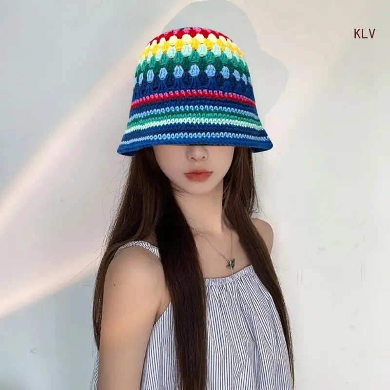 

Sweet Girls Crochet Stripe Pattern Bucket Hat Ladies Fisherman Cap Color Matching Woman Teens Casual Sunproof Hat