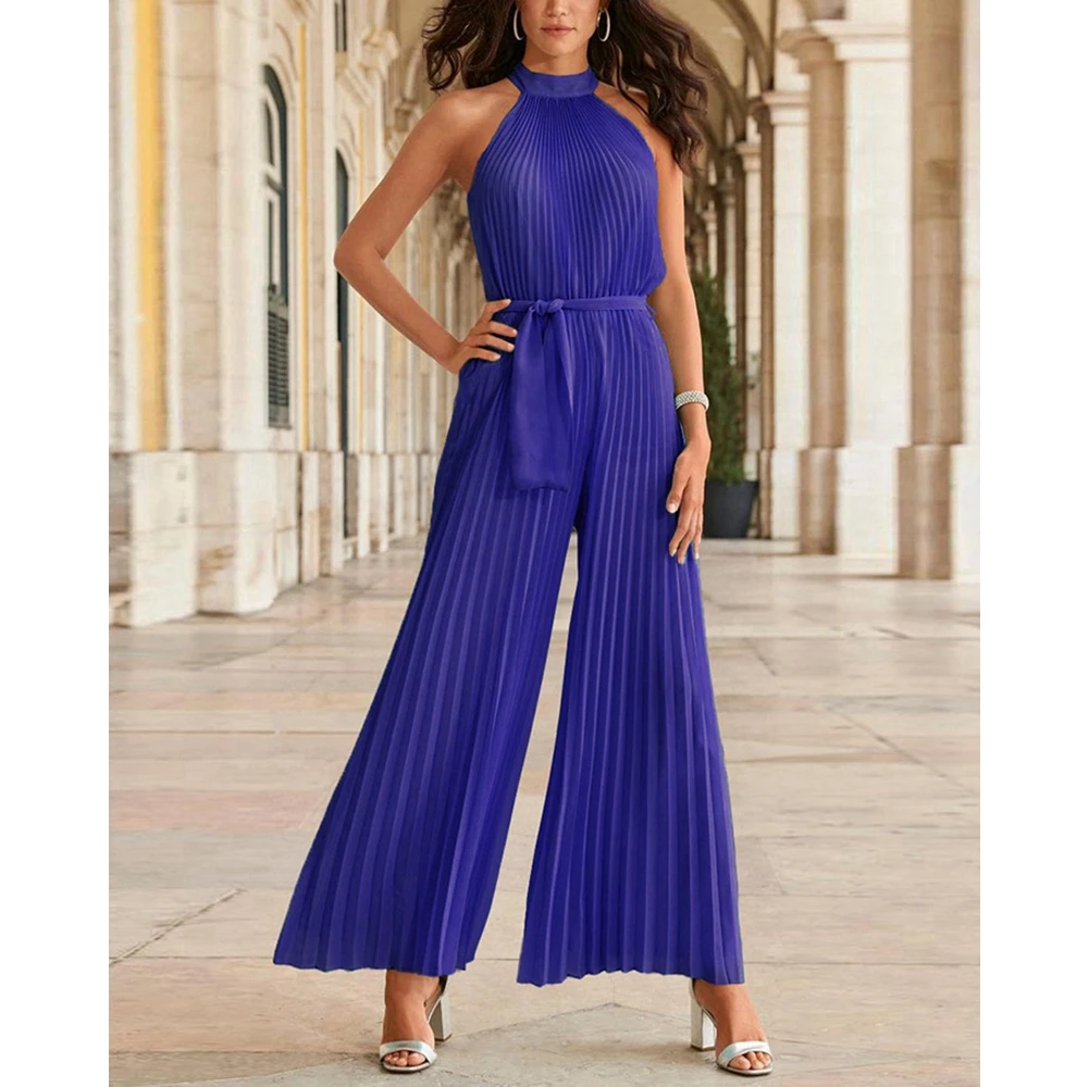 Elegant Women O Neck Sleeveless Wide Leg Party Pleated Jumpsuit With Belt Summer Femme High Waist Female jumpsuit traf Clothes